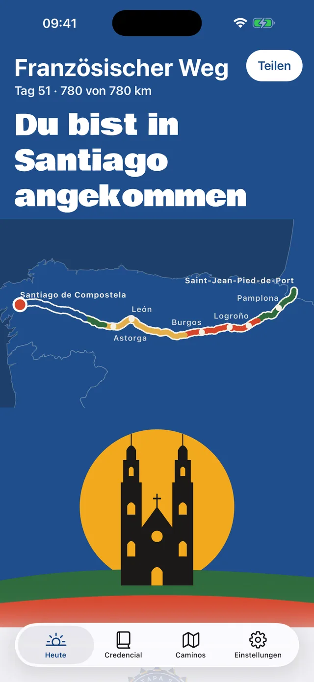 Ankunft in Santiago nach 51 Tagen, die Kathedrale unter der Sonne.