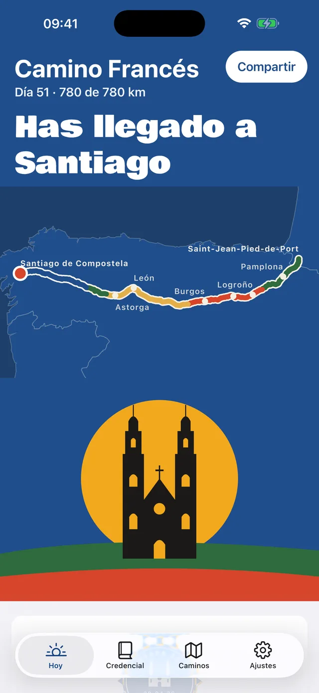 Llegada a Santiago tras 51 días, la catedral bajo el sol.