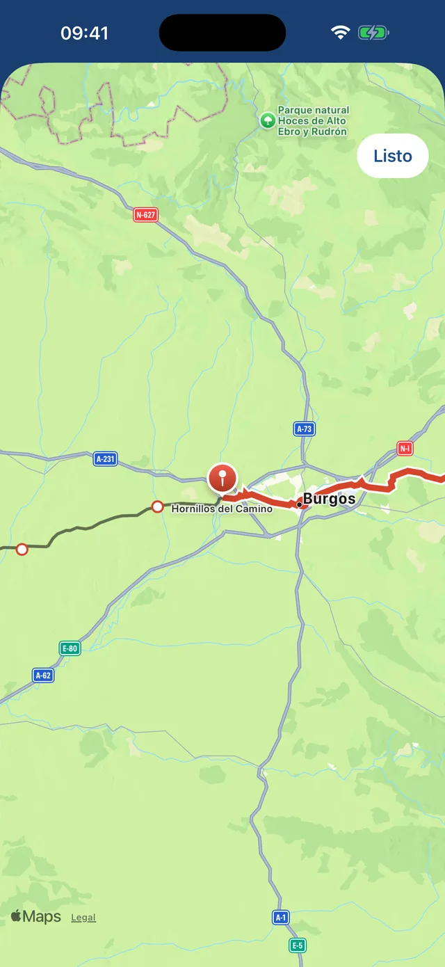 El mapa cerca de Burgos, con lo recorrido en color y la posición del peregrino en rojo.